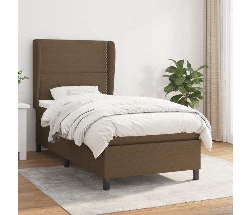 Cama box spring con colchón tela marrón oscuro 90x190 cm