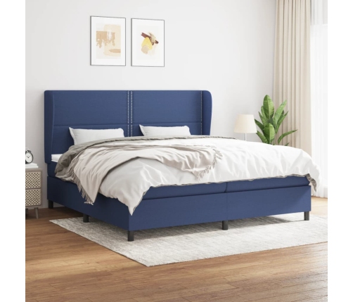 Cama box spring con colchón tela azul 200x200 cm