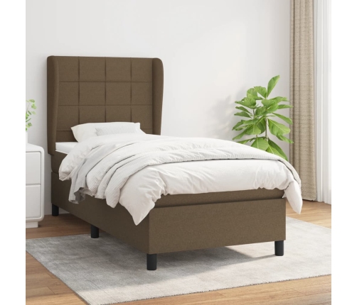 Cama box spring con colchón tela marrón oscuro 90x190 cm