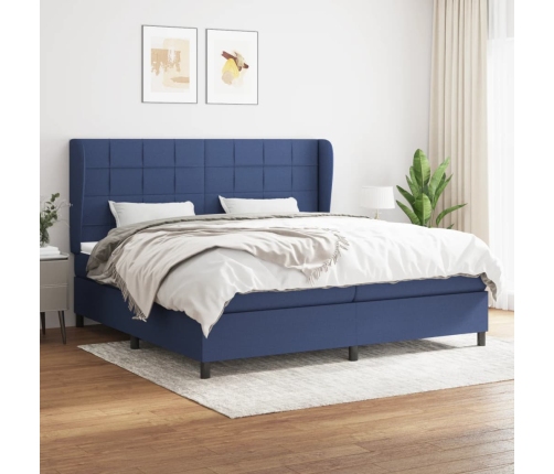 Cama box spring con colchón tela azul 200x200 cm