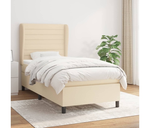 Cama box spring con colchón tela color crema 90x190 cm