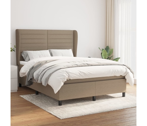 Cama box spring con colchón tela gris taupe 140x190 cm