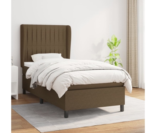 Cama box spring con colchón tela marrón oscuro 90x200 cm