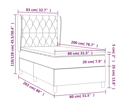 Cama box spring con colchón tela gris claro 80x200 cm