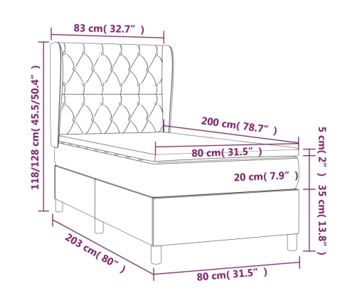 Cama box spring con colchón tela color crema 80x200 cm