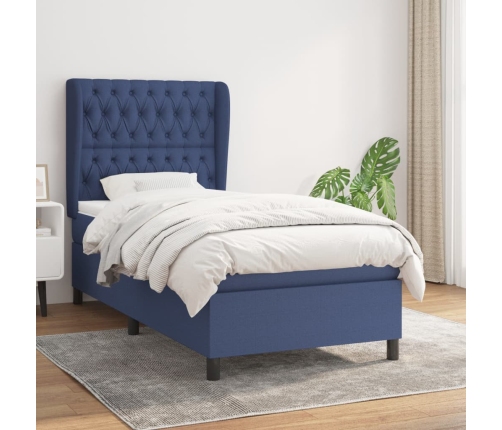 Cama box spring con colchón tela azul 90x190 cm