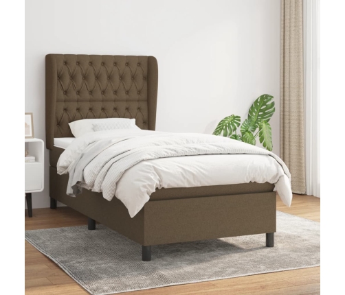 Cama box spring con colchón tela marrón oscuro 90x200 cm