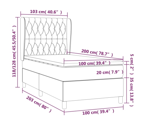 Cama box spring con colchón tela marrón oscuro 100x200 cm