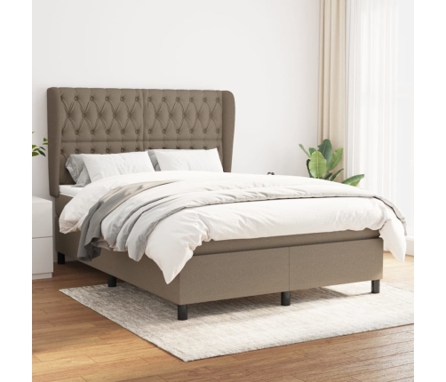 Cama box spring con colchón tela gris taupe 140x190 cm