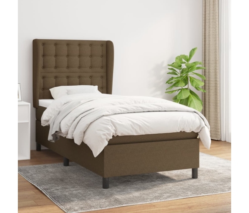 Cama box spring con colchón tela marrón oscuro 90x190 cm