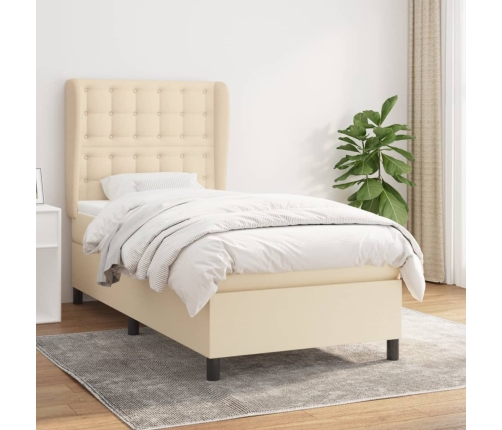 Cama box spring con colchón tela color crema 90x190 cm