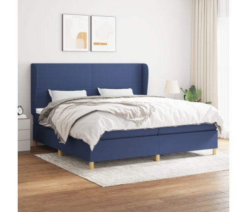 Cama box spring con colchón tela azul 200x200 cm