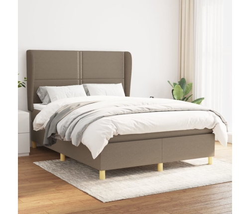 Cama box spring con colchón tela gris taupe 140x190 cm