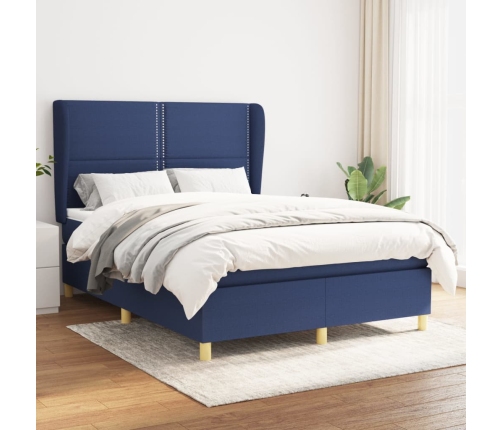 Cama box spring con colchón tela azul 140x190 cm