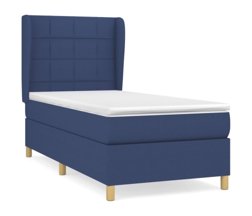 Cama box spring con colchón tela azul 90x190 cm