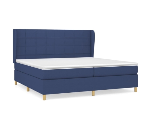 Cama box spring con colchón tela azul 200x200 cm