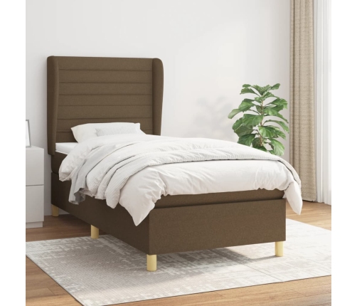 Cama box spring con colchón tela marrón oscuro 90x190 cm