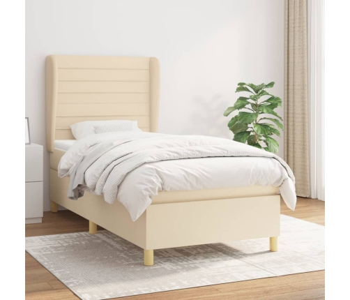 Cama box spring con colchón tela color crema 90x190 cm