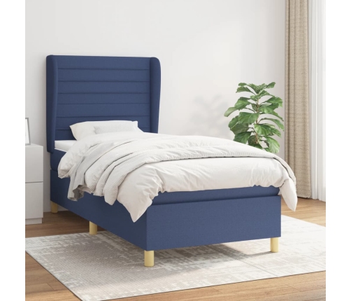 Cama box spring con colchón tela azul 90x190 cm