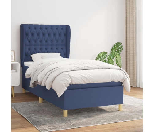 Cama box spring con colchón tela azul 90x190 cm