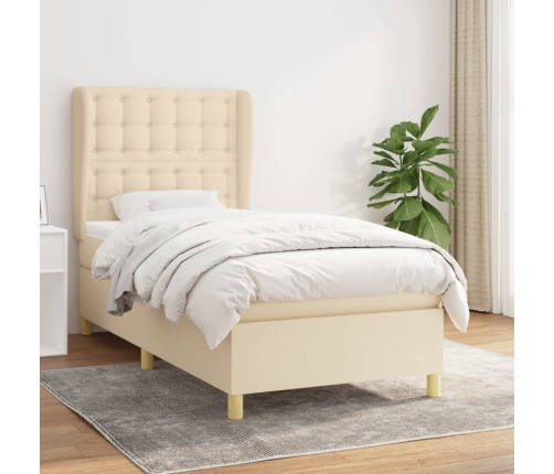 Cama box spring con colchón tela color crema 90x190 cm