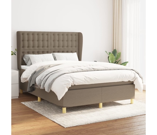 Cama box spring con colchón tela gris taupe 140x190 cm