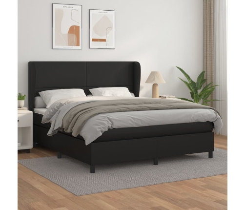 Cama box spring con colchón cuero sintético negro 160x200 cm