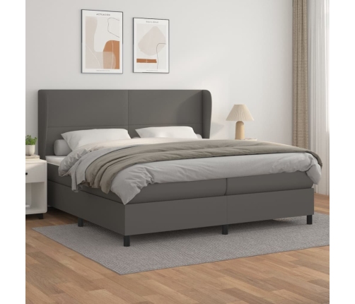 Cama box spring con colchón cuero sintético gris 200x200 cm