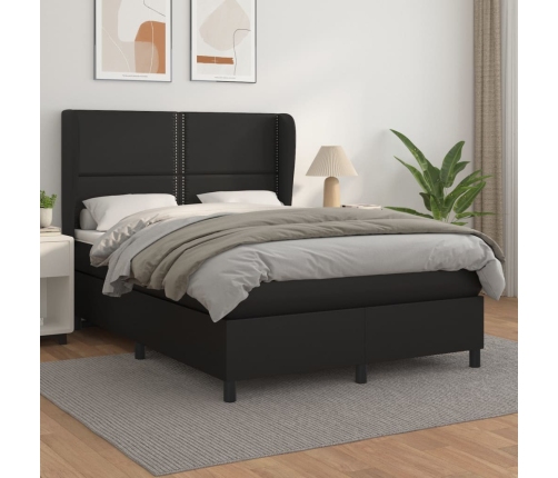 Cama box spring con colchón cuero sintético negro 140x190 cm