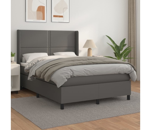 Cama box spring con colchón cuero sintético gris 140x190 cm