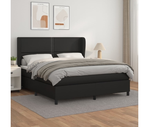 Cama box spring con colchón cuero sintético negro 160x200 cm