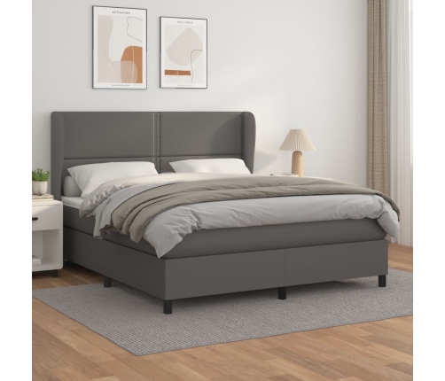 Cama box spring con colchón cuero sintético gris 160x200 cm