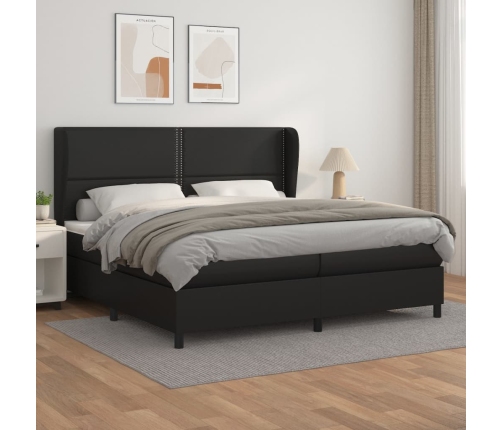 Cama box spring con colchón cuero sintético negro 200x200 cm