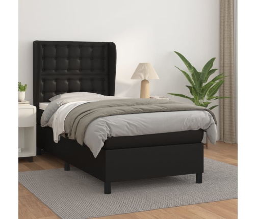 Cama box spring con colchón cuero sintético negro 90x190 cm