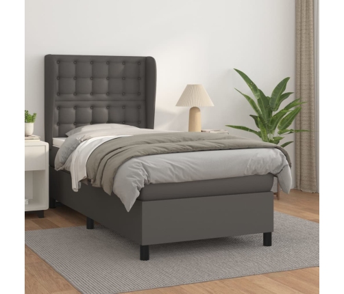 Cama box spring con colchón cuero sintético gris 90x190 cm