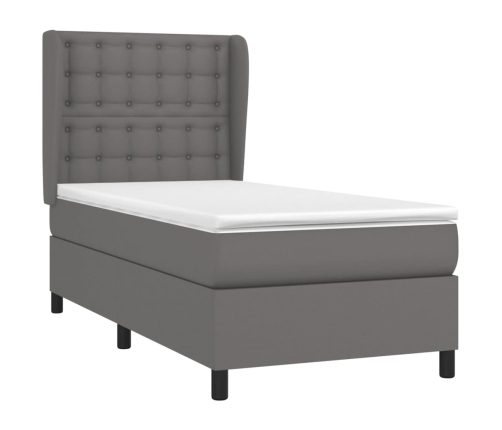 Cama box spring con colchón cuero sintético gris 90x200 cm