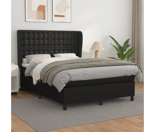 Cama box spring con colchón cuero sintético negro 140x190 cm