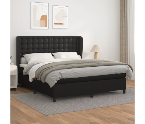 Cama box spring con colchón cuero sintético negro 160x200 cm