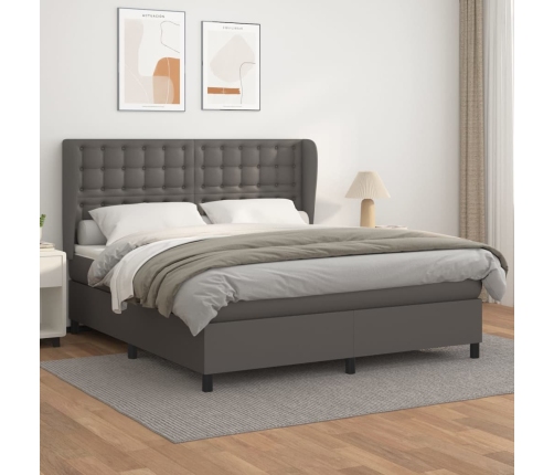 Cama box spring con colchón cuero sintético gris 160x200 cm