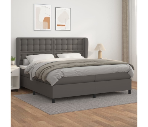 Cama box spring con colchón cuero sintético gris 200x200 cm