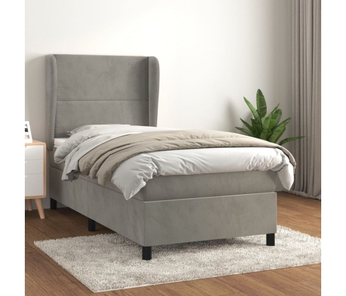 Cama box spring con colchón terciopelo gris claro 80x200 cm