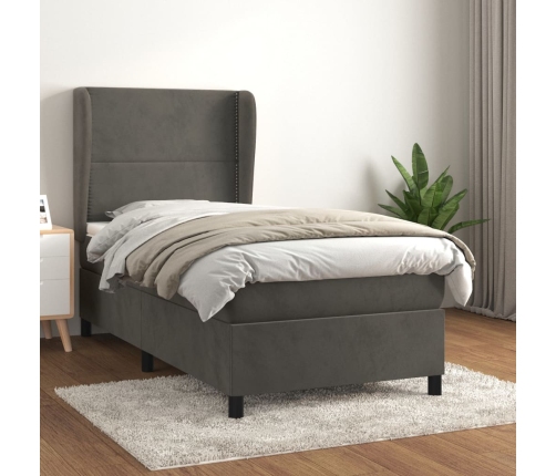 Cama box spring con colchón terciopelo gris oscuro 90x200 cm