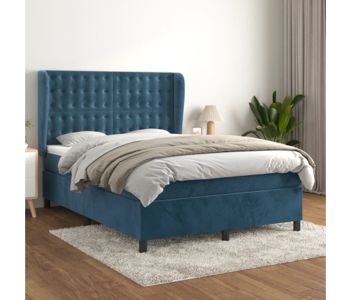 Cama box spring con colchón terciopelo azul oscuro 140x200 cm