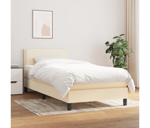 Cama box spring con colchón tela color crema 90x190 cm