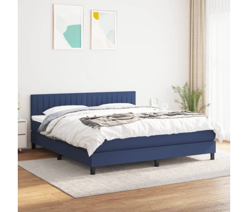 Cama box spring con colchón tela azul 160x200 cm