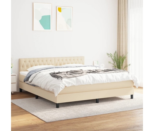 Cama box spring con colchón tela color crema 180x200 cm