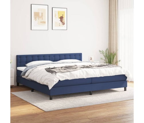 Cama box spring con colchón tela azul 200x200 cm