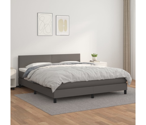 Cama box spring con colchón cuero sintético gris 180x200 cm