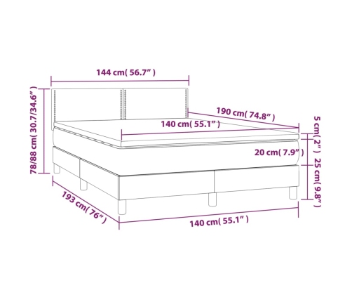 Cama box spring con colchón cuero sintético blanco 140x190 cm