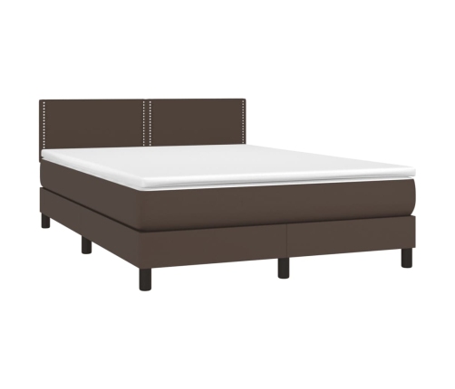 Cama box spring con colchón cuero sintético marrón 140x190 cm